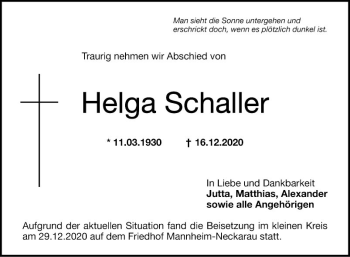 Traueranzeige von Helga Schaller von Mannheimer Morgen