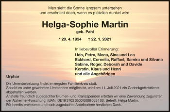 Traueranzeige von Helga-Sophie Martin von Fränkische Nachrichten