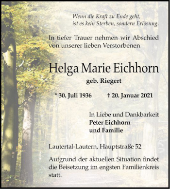 Traueranzeige von Helga Marie Eichhorn von Bergsträßer Anzeiger