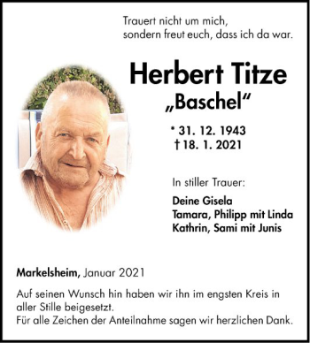 Traueranzeige von Herbert Titze von Fränkische Nachrichten