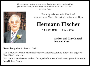 Traueranzeige von Hermann Fischer von Fränkische Nachrichten