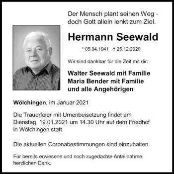 Traueranzeige von Hermann Seewald von Fränkische Nachrichten