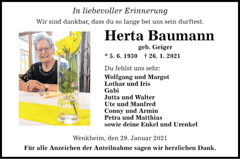  Traueranzeige für Herta Baumann vom 29.01.2021 aus Fränkische Nachrichten