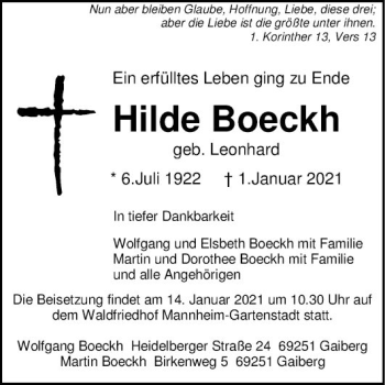 Traueranzeige von Hilde Boeckh von Mannheimer Morgen