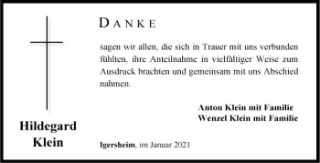 Traueranzeige von Hildegard Klein von Fränkische Nachrichten