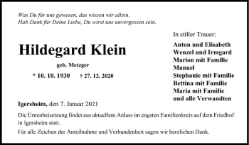 Traueranzeige von Hildegard Klein von Fränkische Nachrichten