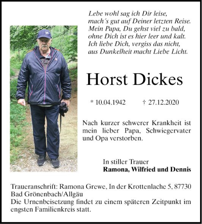  Traueranzeige für Horst Dickes vom 23.01.2021 aus Mannheimer Morgen