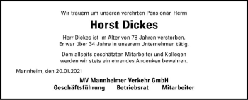 Traueranzeige von Horst Dickes von Mannheimer Morgen