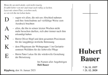 Traueranzeige von Hubert Bauer von Fränkische Nachrichten