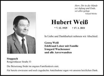 Traueranzeige von Hubert Weiß von Fränkische Nachrichten