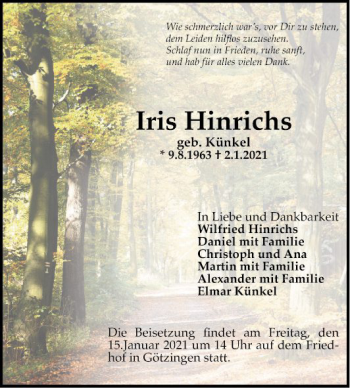 Traueranzeige von Iris Hinrichs von Fränkische Nachrichten