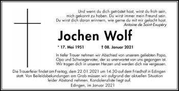 Traueranzeige von Jochen Wolf von Mannheimer Morgen