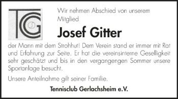 Traueranzeige von Josef Gitter von Fränkische Nachrichten