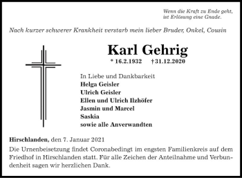 Traueranzeige von Karl Gehrig von Fränkische Nachrichten