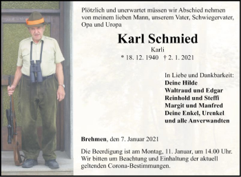 Traueranzeige von Karl Schmied von Fränkische Nachrichten