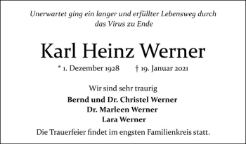 Traueranzeige von Karl Heinz Werner von Mannheimer Morgen