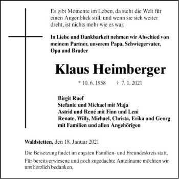 Traueranzeige von Klaus Heimberger von Fränkische Nachrichten