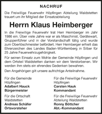 Traueranzeige von Klaus Heimberger von Fränkische Nachrichten