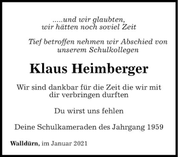 Traueranzeige von Klaus Heimberger von Fränkische Nachrichten