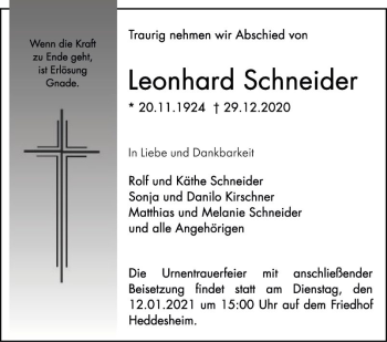 Traueranzeige von Leonhard Schneider von Mannheimer Morgen