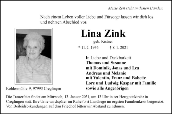 Traueranzeige von Lina Zink von Fränkische Nachrichten