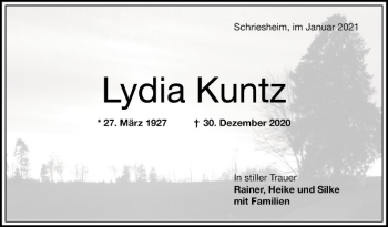 Traueranzeige von Lydia Kuntz von Mannheimer Morgen