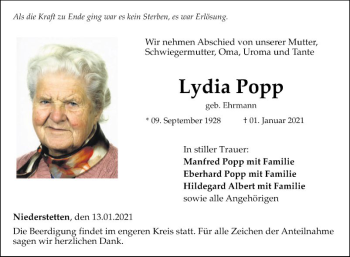 Traueranzeige von Lydia Popp von Fränkische Nachrichten