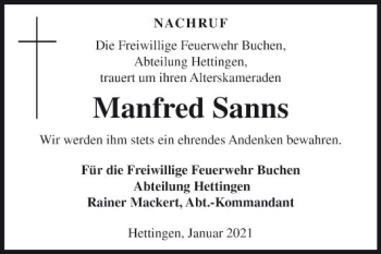 Traueranzeige von Manfred Sanns von Fränkische Nachrichten