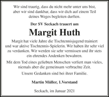 Traueranzeige von Margit Huth von Fränkische Nachrichten