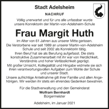 Traueranzeige von Margit Huth von Fränkische Nachrichten