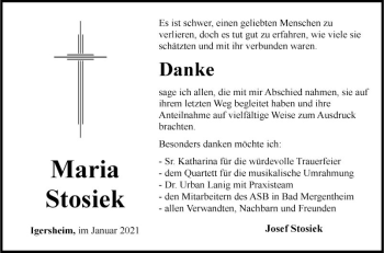 Traueranzeige von Maria Stosiek von Fränkische Nachrichten