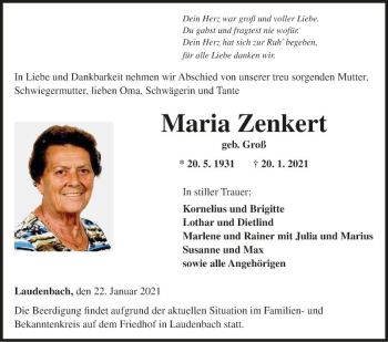 Traueranzeige von Maria Zenkert von Fränkische Nachrichten