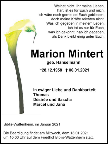 Traueranzeige von Marion Mintert von Mannheimer Morgen