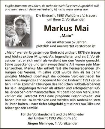 Traueranzeige von Markus Mai von Fränkische Nachrichten