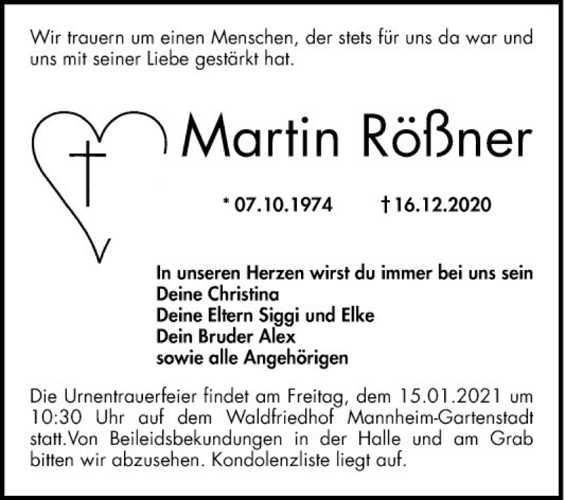  Traueranzeige für Martin Rößner vom 09.01.2021 aus Mannheimer Morgen
