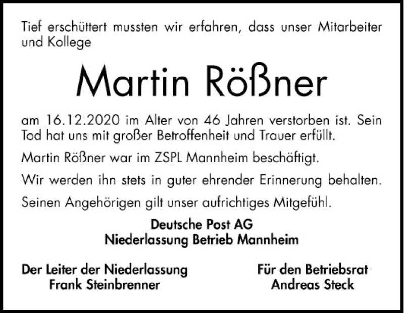 Traueranzeige für Martin Rößner vom 09.01.2021 aus Mannheimer Morgen