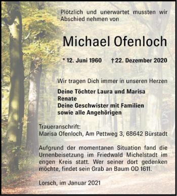 Traueranzeige von Michael Ofenloch von Bergsträßer Anzeiger