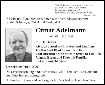 Traueranzeige von Otmar Adelmann von Fränkische Nachrichten