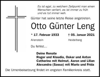 Traueranzeige von Otto Günter Leng von Mannheimer Morgen