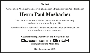 Traueranzeige von Paul Mosbacher von Fränkische Nachrichten