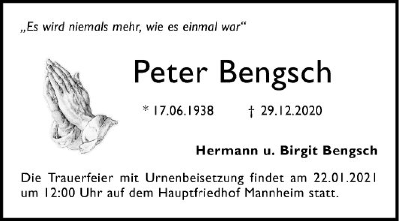  Traueranzeige für Peter Bengsch vom 16.01.2021 aus Mannheimer Morgen