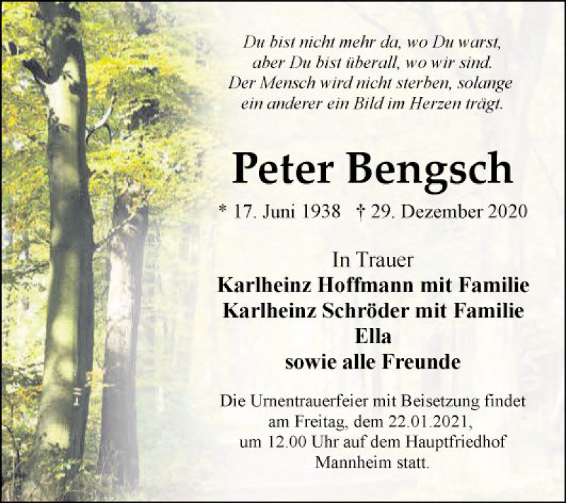  Traueranzeige für Peter Bengsch vom 09.01.2021 aus Mannheimer Morgen