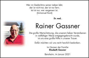 Traueranzeige von Rainer Gassner von Bergsträßer Anzeiger