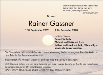 Traueranzeige von Rainer Gassner von Bergsträßer Anzeiger