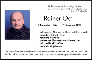 Traueranzeige von Rainer Ost von Bergsträßer Anzeiger