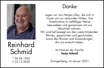 Traueranzeige von Reinhard Schmid von Bergsträßer Anzeiger