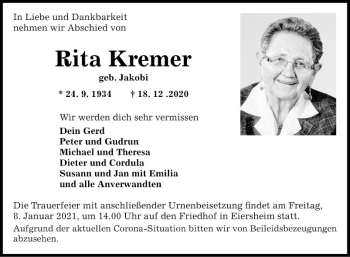 Traueranzeige von Rita Kremer von Fränkische Nachrichten