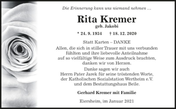 Traueranzeige von Rita Kremer von Fränkische Nachrichten