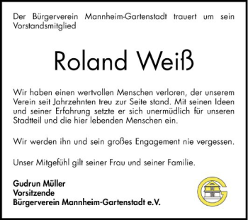 Traueranzeige von Roland Weiß von Mannheimer Morgen