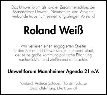 Traueranzeige von Roland Weiß von Mannheimer Morgen